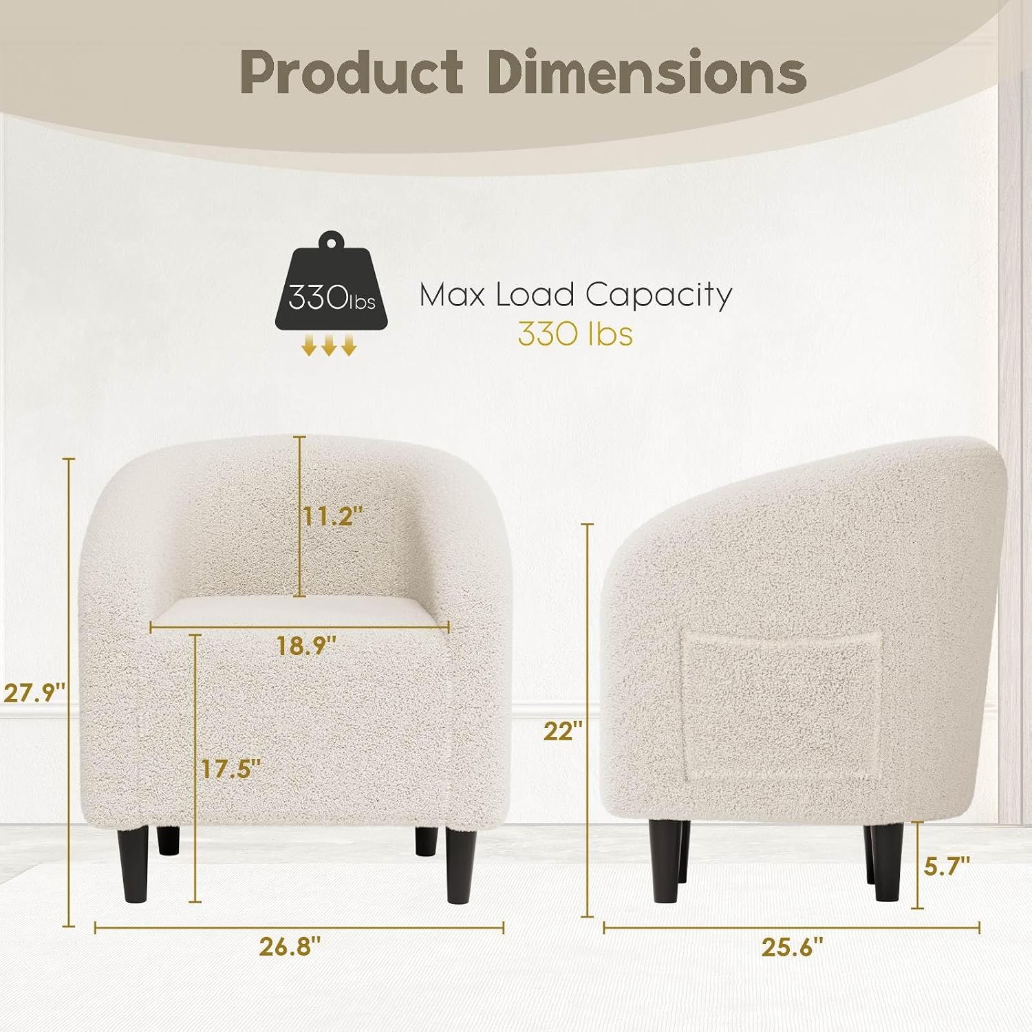 Modern Accent Barrel Chair, Comfy Teddy Fabric Club Armchair with Side Pocket, Easy Assembly Living Room Corner Chair for Bedroom, Office, Reception Space