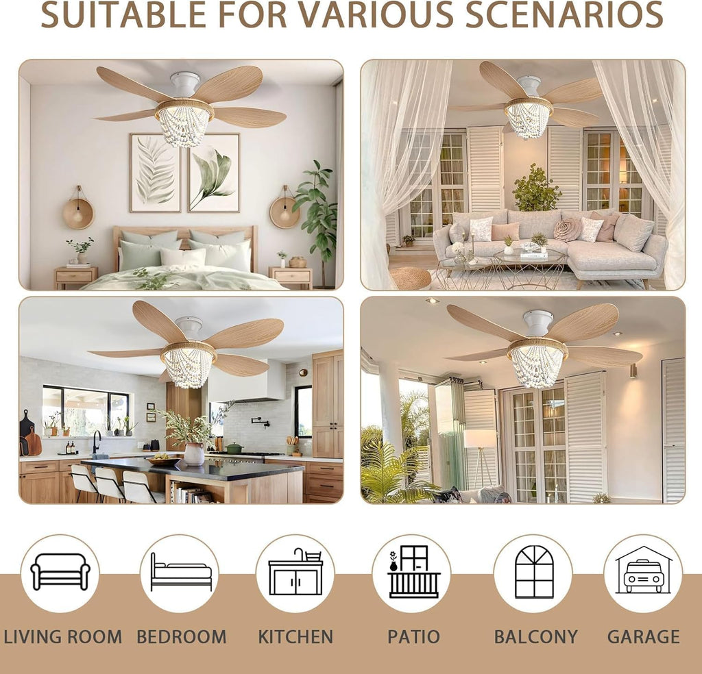 Boho Ceiling Fans with Lights and Remote, Wood Beaded 52 inch Ceiling Fan with Light,6 Speed Reversible Motor LED Flush Mount Ceiling Fans, Ceiling Fan Light for Bedroom Living Room (ABS Blades)