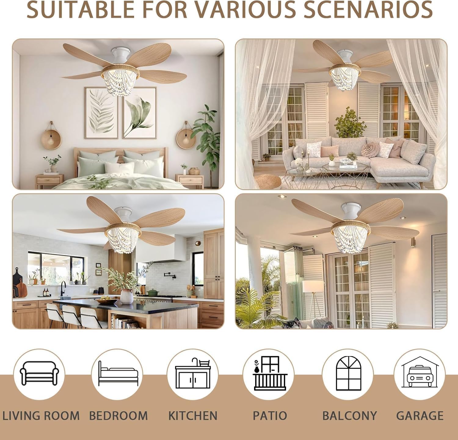 Boho Ceiling Fans with Lights and Remote, Wood Beaded 52 inch Ceiling Fan with Light,6 Speed Reversible Motor LED Flush Mount Ceiling Fans, Ceiling Fan Light for Bedroom Living Room (ABS Blades)