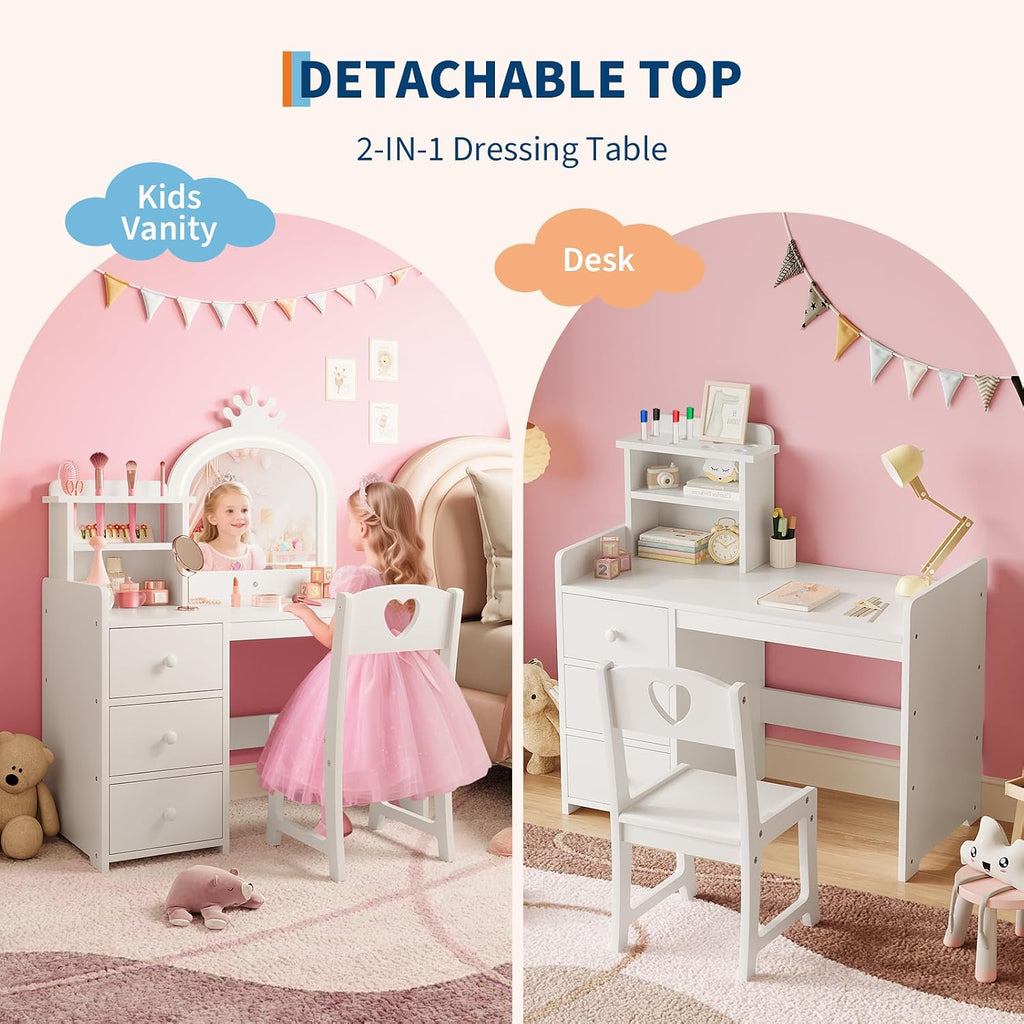 GAOMON Kids Vanity Table and Chair Set with Mirror & LED Lights, 2-in-1 White Princess Wooden Makeup Desk with Storage Shelves and Drawers, Pretend Play, White