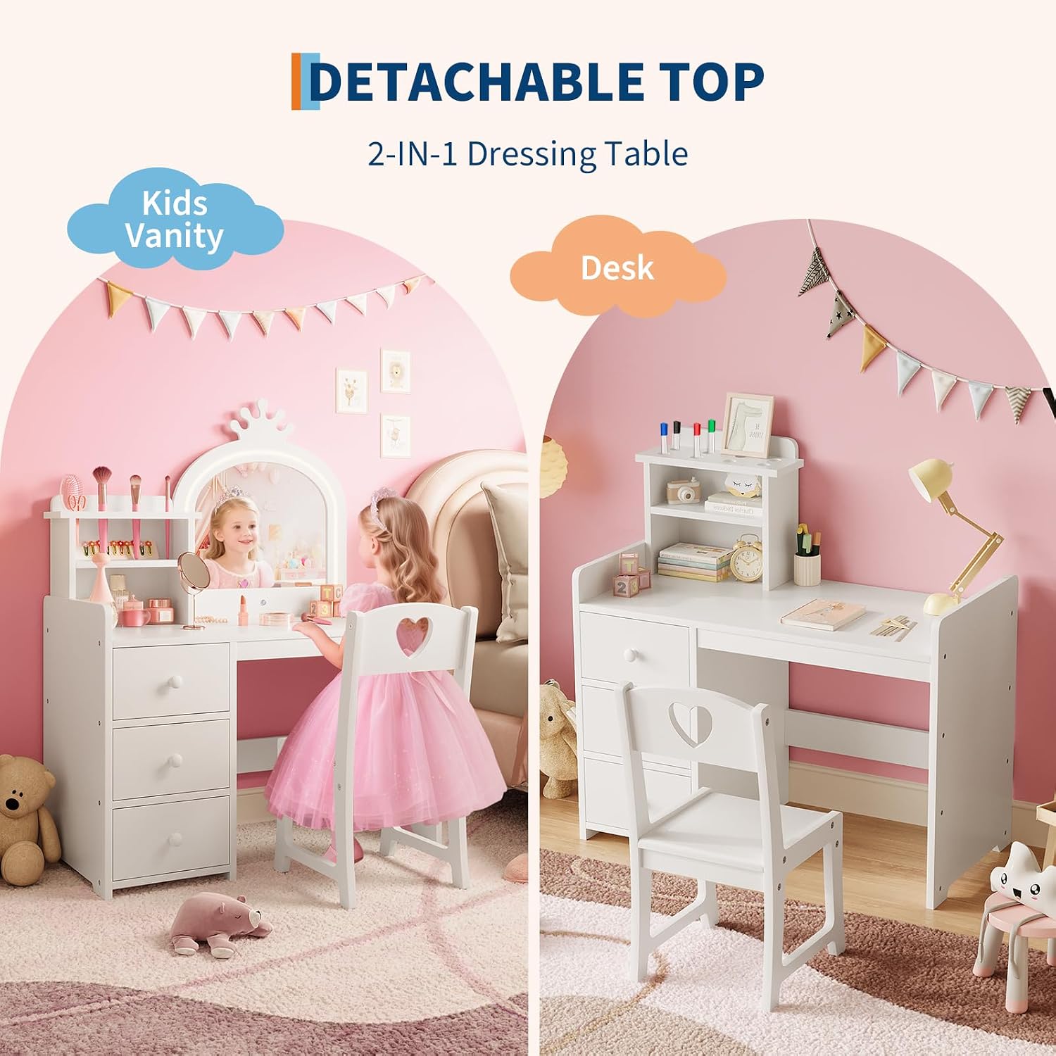 GAOMON Kids Vanity Table and Chair Set with Mirror & LED Lights, 2-in-1 White Princess Wooden Makeup Desk with Storage Shelves and Drawers, Pretend Play, White