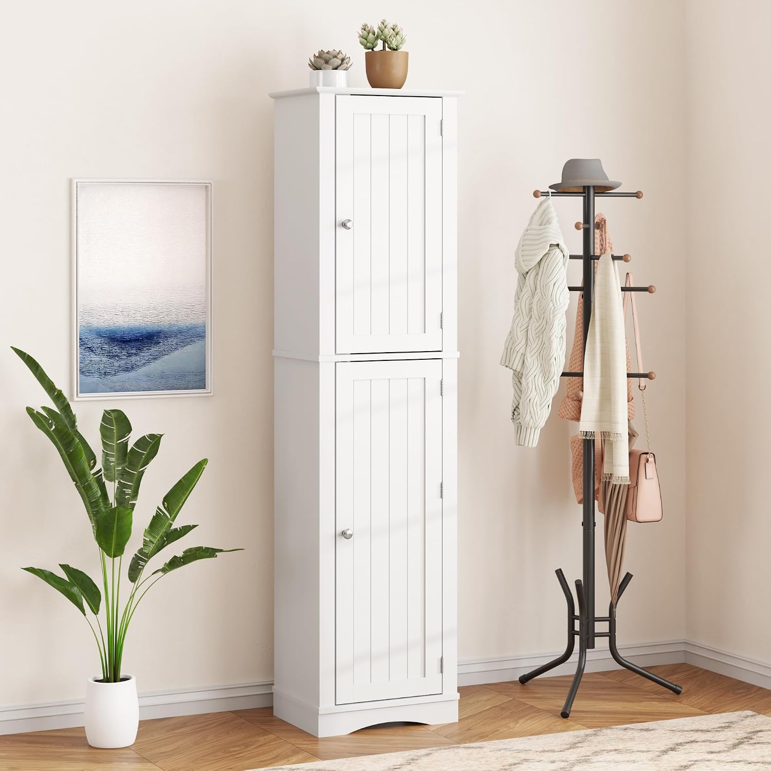 Function Home Tall Bathroom Storage Cabinet, 64' Slim Kitchen Pantry with Door Storage, Narrow Wood Freestanding Cabinets with Adjustable Shelves for Kitchen Living Room Dining Room, White