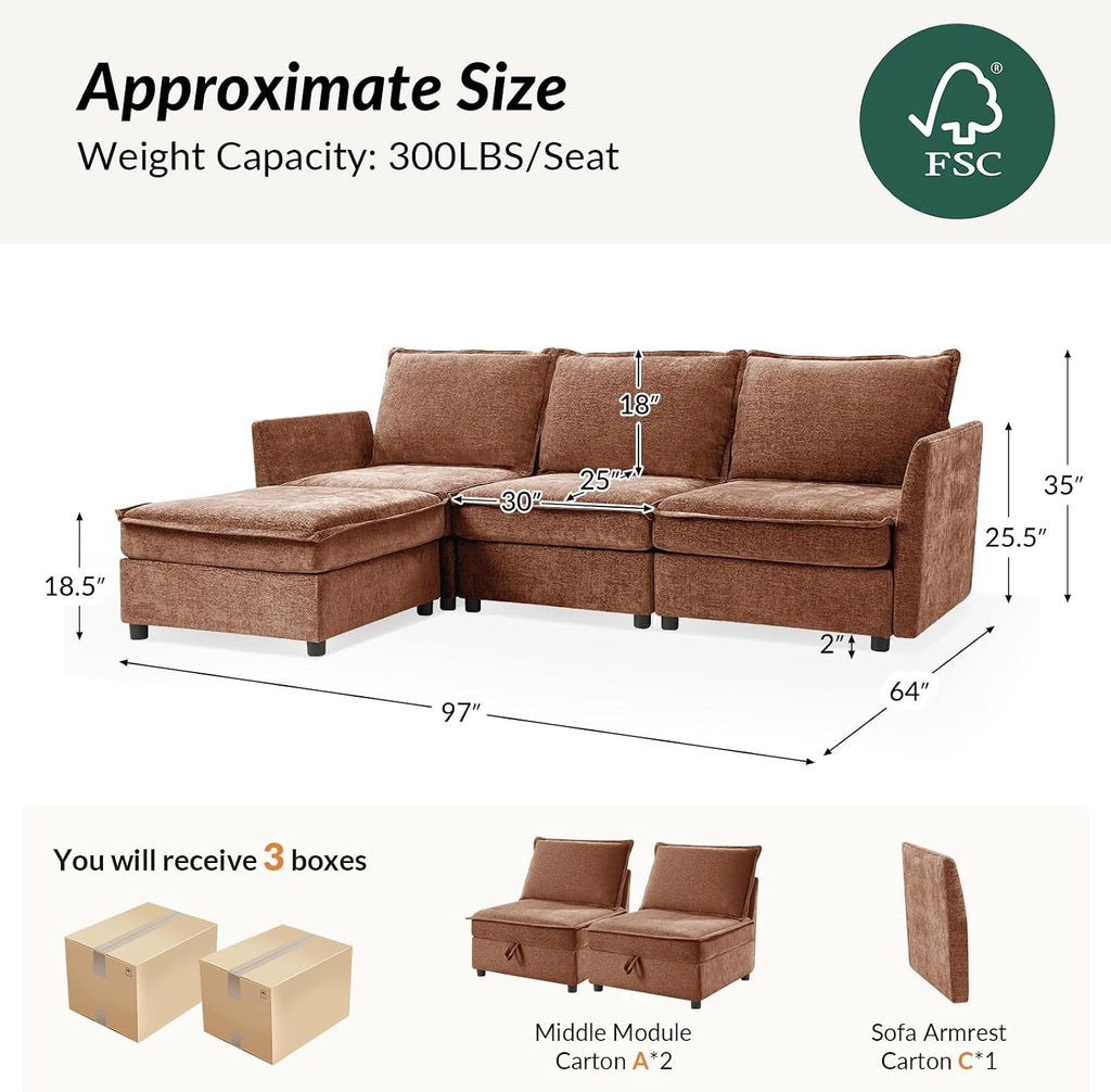 HULALA HOME 97'' Modular Sectional Sofa, L Shaped Couch with Storage Ottoman, Comfy Chenille Sofa with Deep Seat, 4 Seat Convertible Sectional Couches for Living Room, Burnt Orange