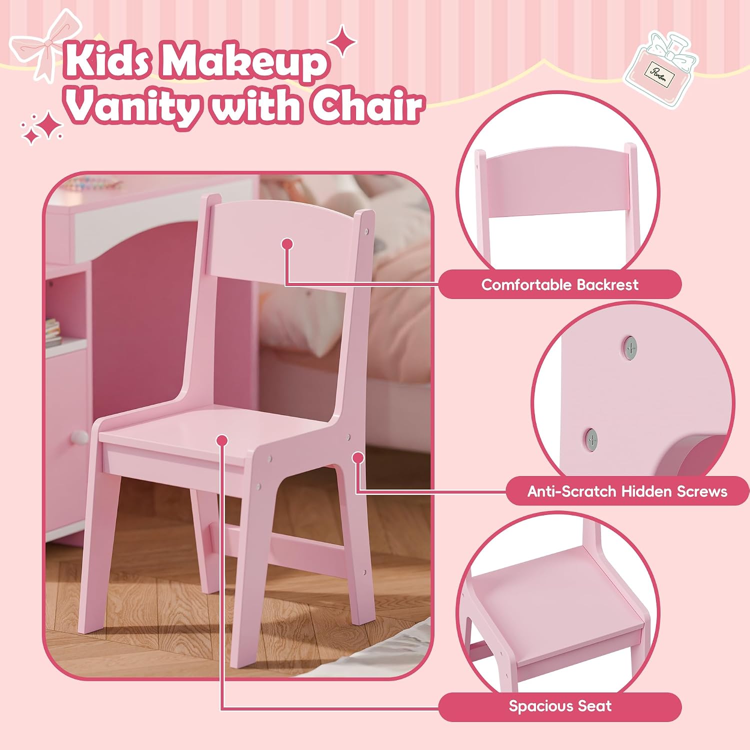MU Kids Vanity, Girl Vanity Set with Mirror and Chair, 2 in 1 Toddler Makeup Vanity Table with Jewelry Storage, Wooden Princess Makeup Desk Dressing Table for Little Girls, Pink