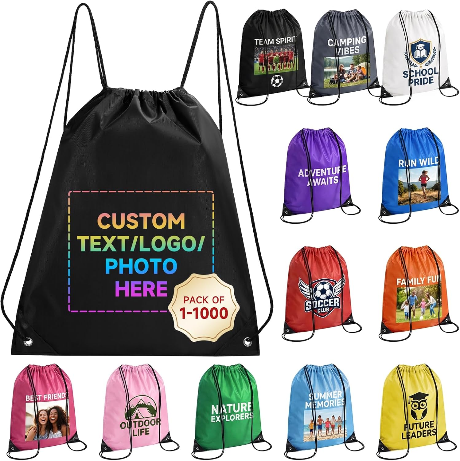 Custom Drawstring Backpack with Logo, 100 Pack Personalized Draw String Back Bag Drawstring Bags Bulk for Sports, Gym, Travel, Swimming, Beach