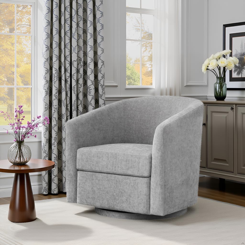 Zihanhome Chenille Swivel Accent Chair, Living Room Chairs, No Assembly Upholstered Armchair, 360°Rotating Barrel Chair for Bedroom, Apartment & Reading Nook (1, Light Grey)