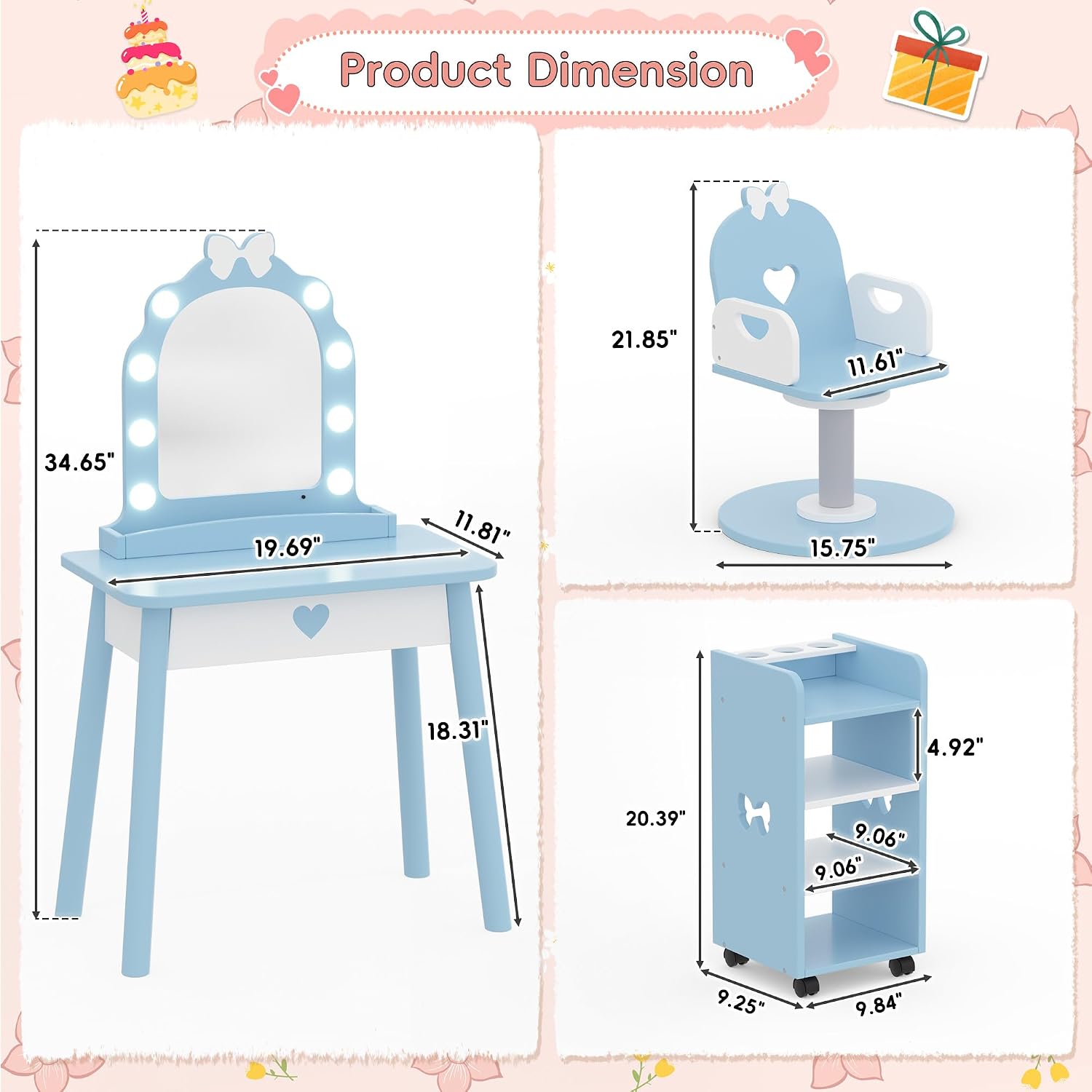 Wooden Kids Vanity Table and Chair Set with Light and Mirror, Princess Makeup Vanity Desk with Barber Chair and Rolling Cart, Pretend Hair Salon Play Set, Toddler Vanity Set for Girls, Blue