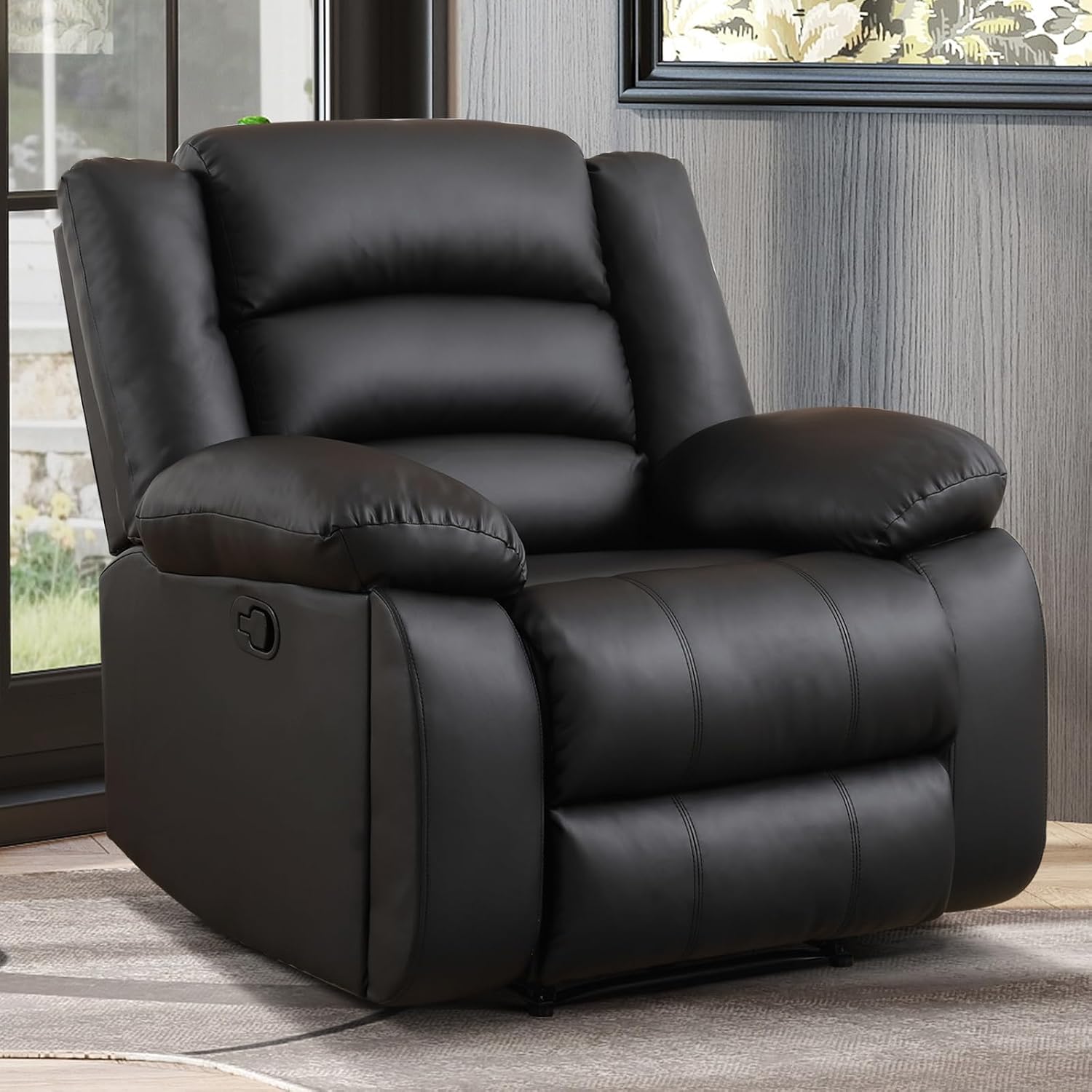 EBELLO Manual Recliner Chair, Faux Leather Reclining Chair with Hidden Cup Holders, Overstuffed Armrests and Back, Manual Single Sofa for Adult, Black