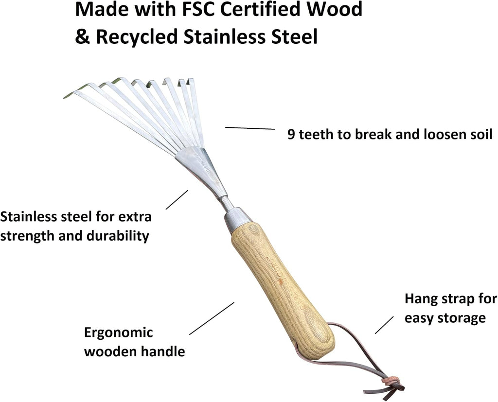 Garden Guru Eco Hand Rake Soil Tiller- 100% Recycled Stainless Steel - Rust Resistant - FSC Certified Wood Ergonomic Handle - Great for Gardening, Loosening Soil & Spreading Mulch - 1 Case (40 Pcs)