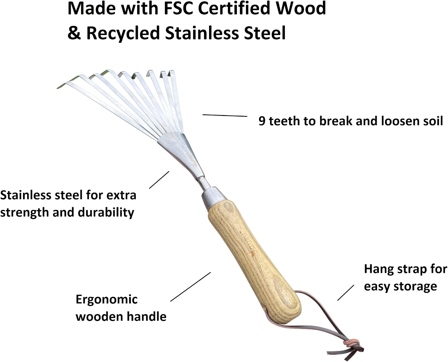 Garden Guru Eco Hand Rake Soil Tiller- 100% Recycled Stainless Steel - Rust Resistant - FSC Certified Wood Ergonomic Handle - Great for Gardening, Loosening Soil & Spreading Mulch - 1 Case (40 Pcs)