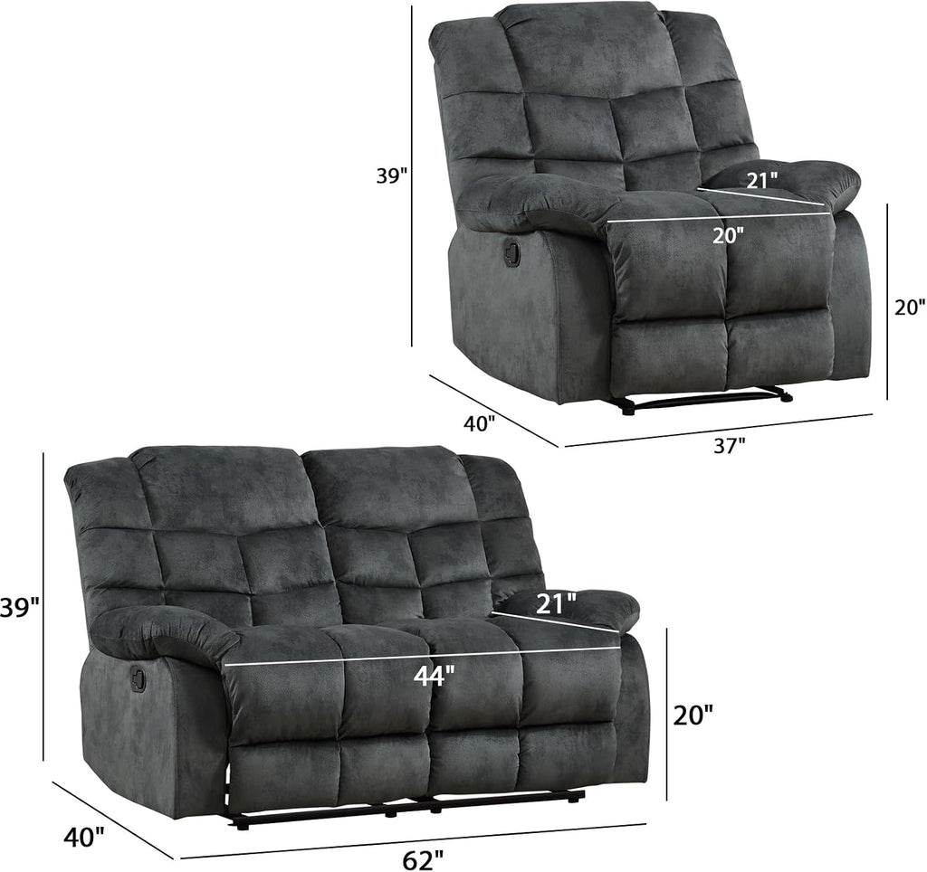 EBELLO Manual Recliner Couch Set, Soft Fabric Reclining Living Room Set, Included SinglAe Recliner Chair and Loveseat Sofa, Grey Green