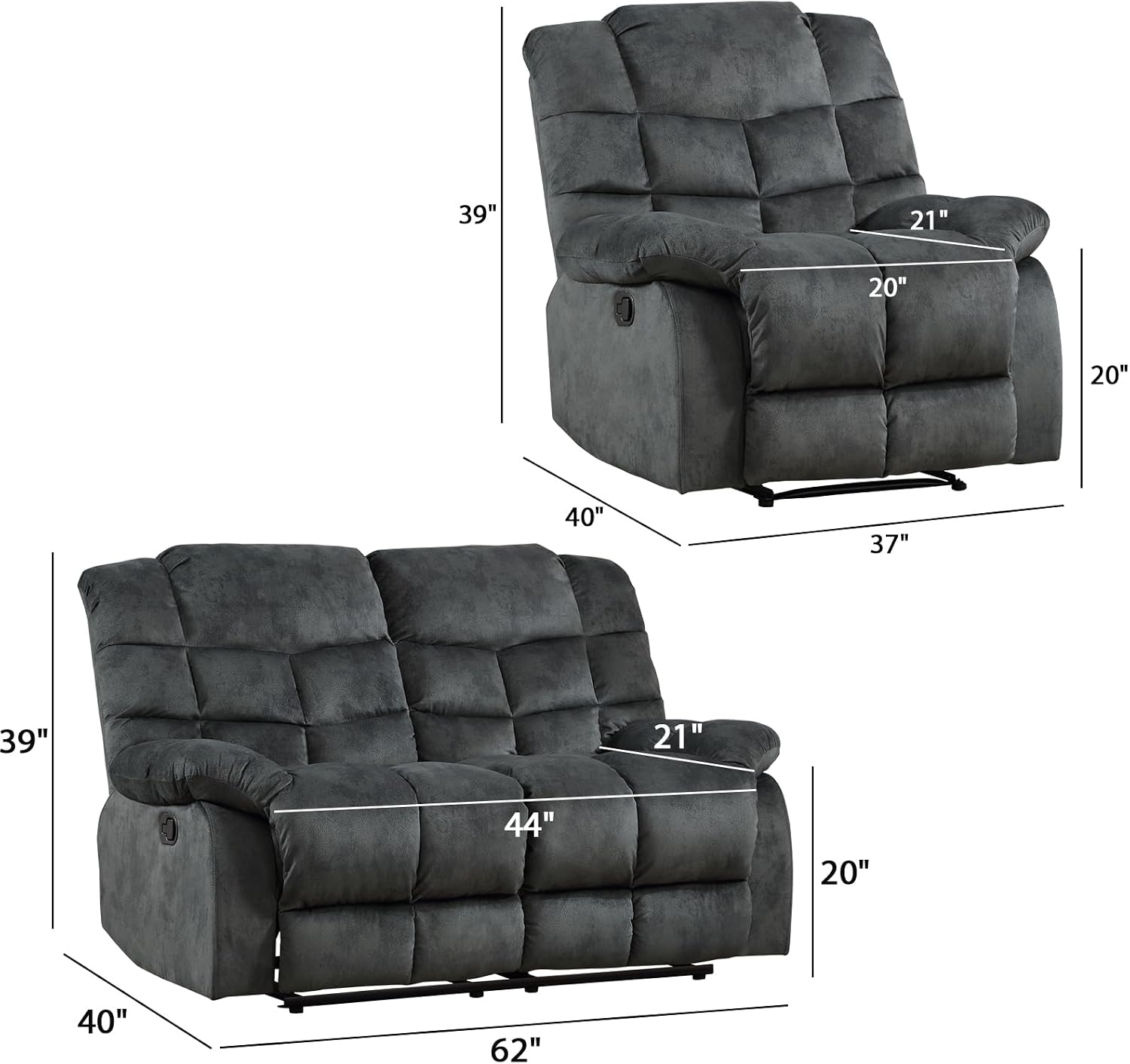 EBELLO Manual Recliner Couch Set, Soft Fabric Reclining Living Room Set, Included SinglAe Recliner Chair and Loveseat Sofa, Grey Green