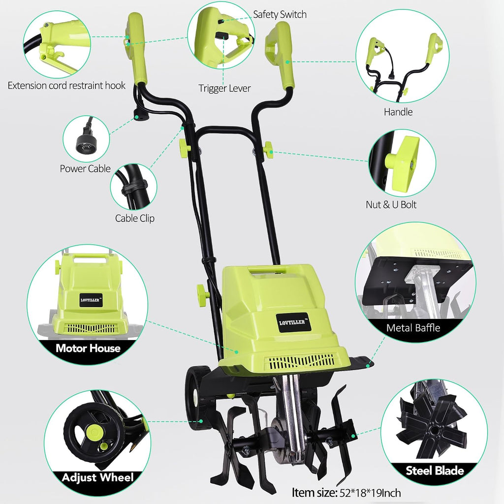 12 Inch Small Electric Corded Garden Tiller Cultivator 13.5 AMP Power Rototiller for Gardening with Adjustable Wheels