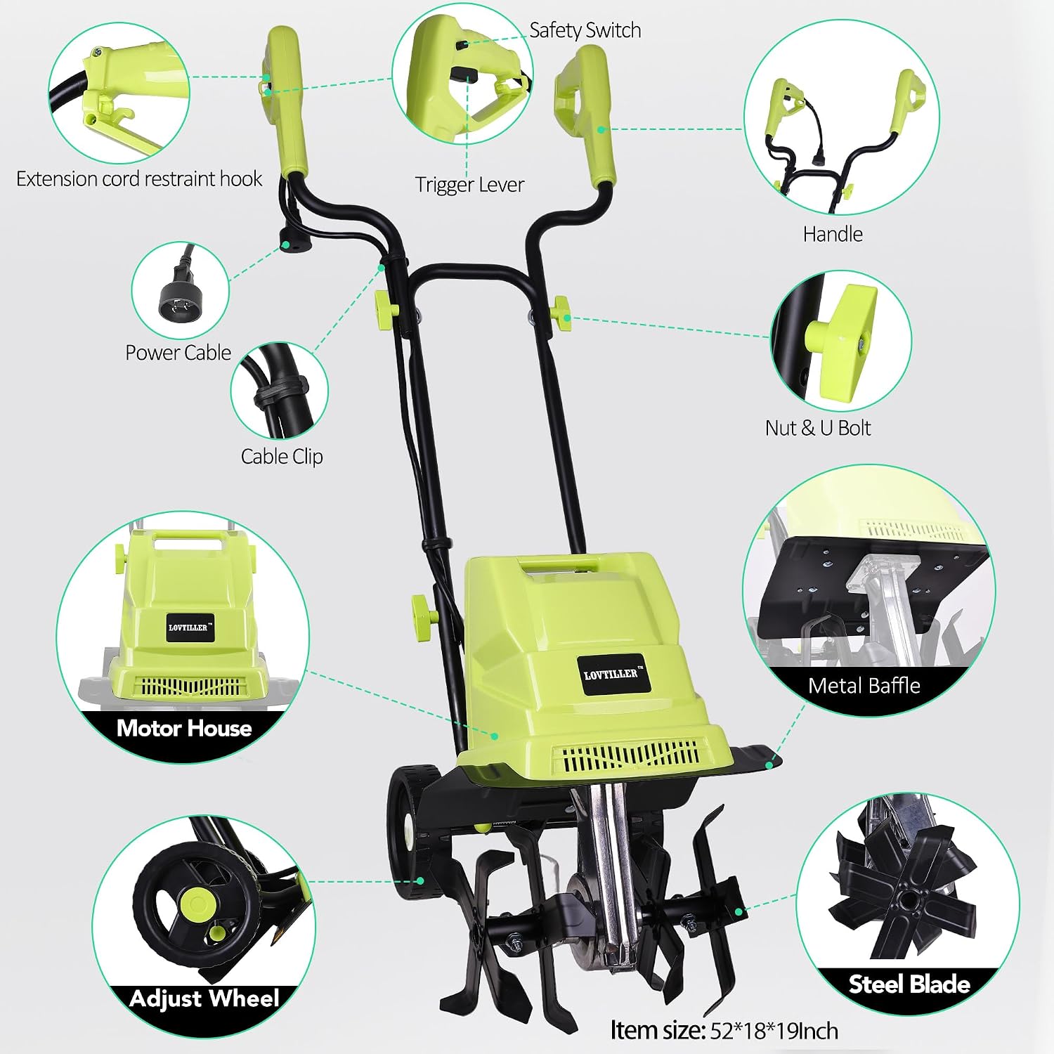 12 Inch Small Electric Corded Garden Tiller Cultivator 13.5 AMP Power Rototiller for Gardening with Adjustable Wheels