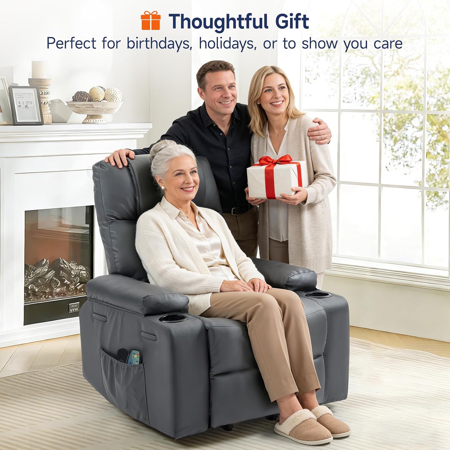 Brage Living Power Lift Recliner Chair for Elderly with Massage & Heat, PU Leather Electric Recliner with 160° Adjustable Recline, Stand Assist, Remote Control, USB Charge Port, Cup Holders (Gray)