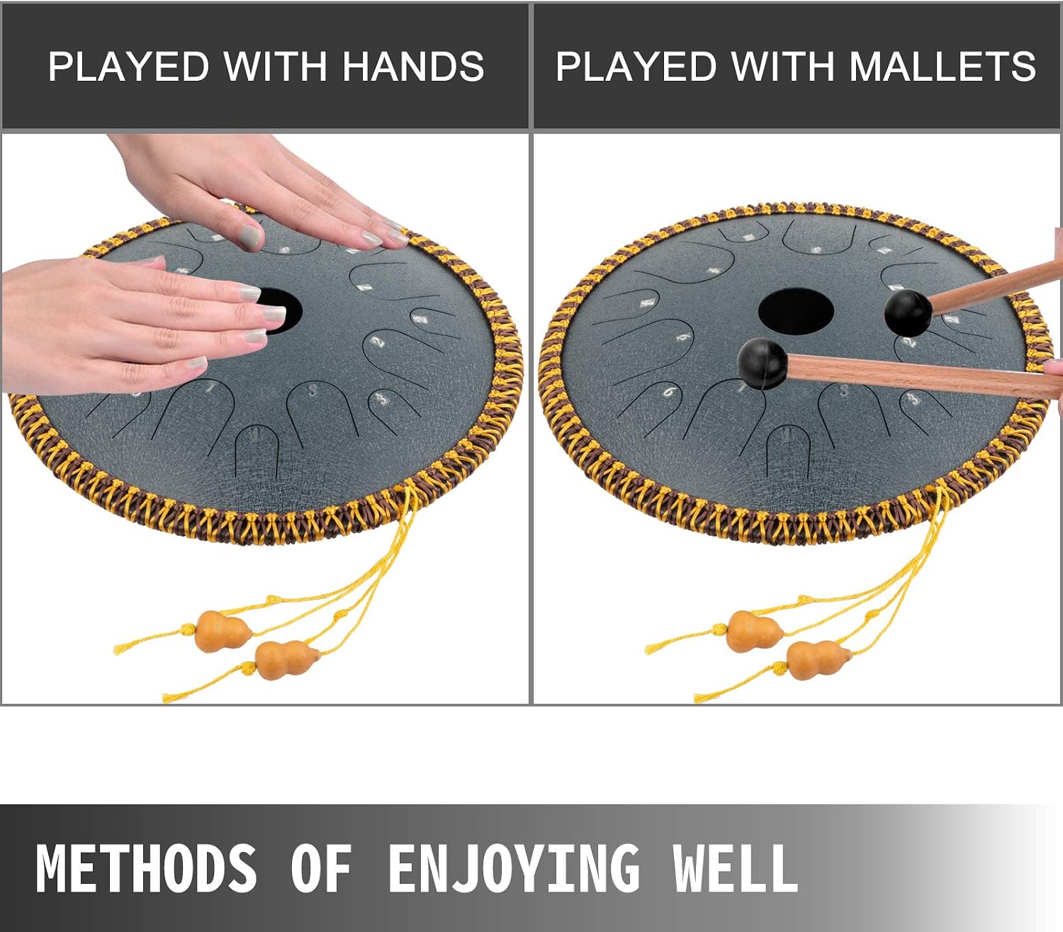 Happybuy Navy Blue Tongue Drum 14 Notes Dish Shape Drum 14 Inches Dia. Manual Percussion Pure Copper Steel Tongues 14 Notes Steel Tongue Handpan Drum with Rope Decoration and Mallets,Bag, Music Book
