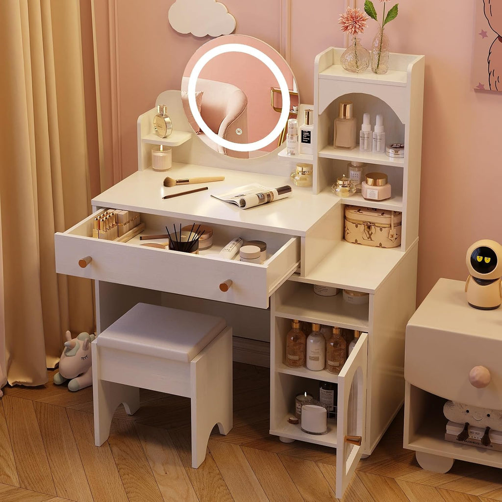 Vabches Kids Vanity Table and Chair Set, Toddler Dressing Table for 5-12 Year Old Little Girls, 2 in 1 Princess Makeup Vanity with Mirror & Lights, Wooden Pretend Play Vanity Desk, White