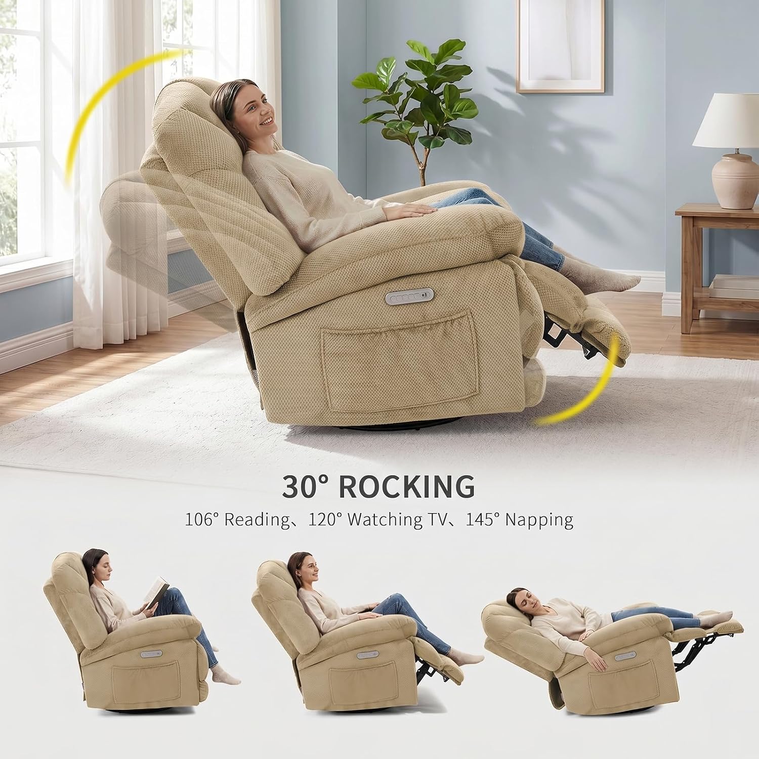 EONIX Dual Motor Power Swivel Rocking Recliner Chair for Living Room, Armless Oversized Shell Shape Lazy Boy Rocker Recliner, Plush Fabric Thickened Cushion, Elevated Soft and Comfort, Beige