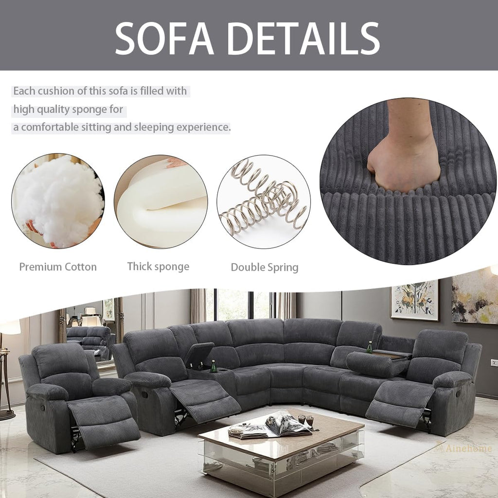 A Ainehome Furniture Sectional Couch Recliner Sofa Set with Storage, Corduroy Sofa Sets Manual Reclining Sectional Couches for Living Room with 3 Recliner Seats(Living Room Set, Dark Grey)