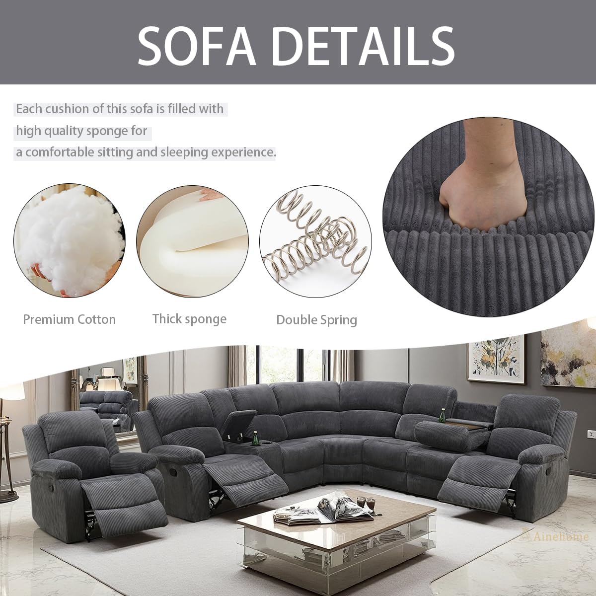 A Ainehome Furniture Sectional Couch Recliner Sofa Set with Storage, Corduroy Sofa Sets Manual Reclining Sectional Couches for Living Room with 3 Recliner Seats(Living Room Set, Dark Grey)