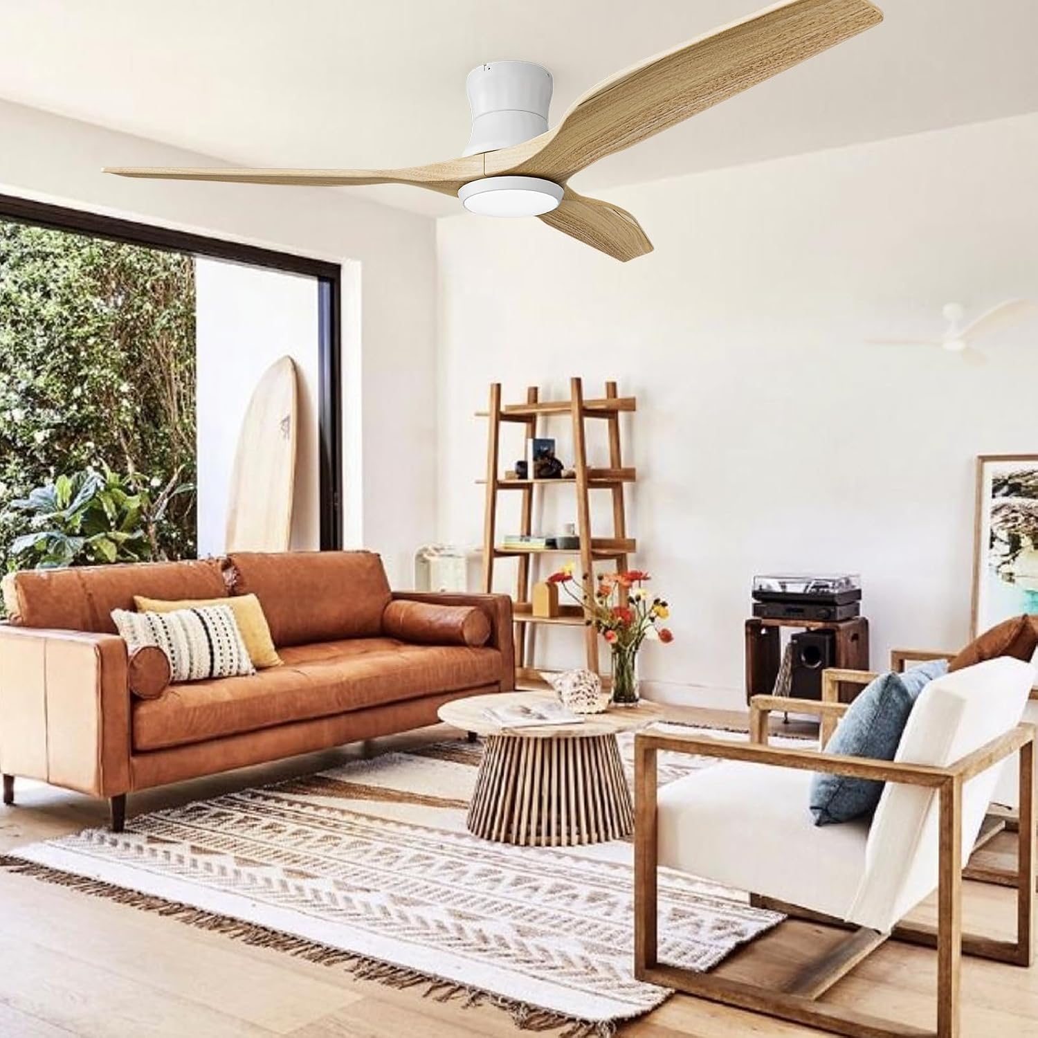 Smart 52' Flush Mount Ceiling Fan with Remote Control, Natural Wood | Quiet DC Motor, WiFi Alexa Voice Control, High CFM Dimmable LED, Low Profile, Reversible, 6 Speeds Adjustment, Time Setting