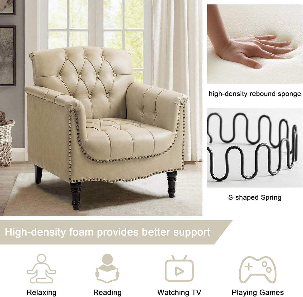 Lumibee Faux Leather Armchairs, Contemporary Accent Chairs Set of 2 with Nailhead Trims & Wood Legs for Living Room, Upholstered Comfy Arm Chairs for Office,Bedroom-Beige