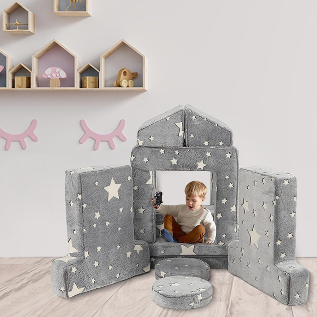 Kids Couch Sofa 12 Pcs Modular Star Glow in The Dark, Convertible Fold Out Foam Couch for Boys and Girls, Playroom Bedroom Furniture, Grey