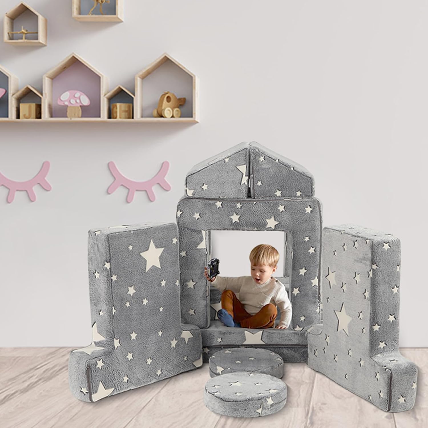 Kids Couch Sofa 12 Pcs Modular Star Glow in The Dark, Convertible Fold Out Foam Couch for Boys and Girls, Playroom Bedroom Furniture, Grey
