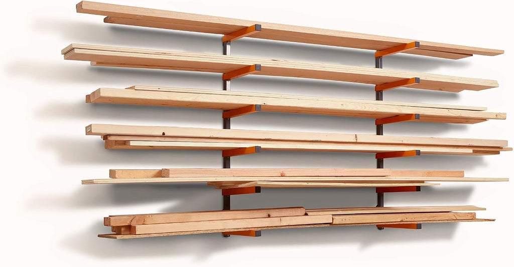Bora 4-Piece Parallel Clamp Set 571550I & Wood Organizer and Lumber Storage Metal Rack with 6-Level Wall Mount – Indoor and Outdoor Use, In Orange | PBR-001