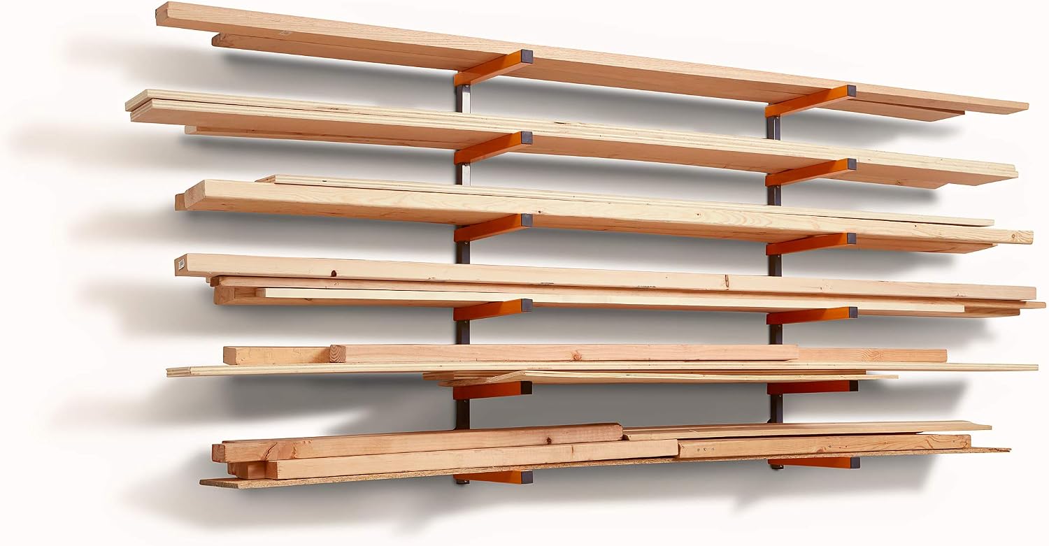 Bora 4-Piece Parallel Clamp Set 571550I & Wood Organizer and Lumber Storage Metal Rack with 6-Level Wall Mount – Indoor and Outdoor Use, In Orange | PBR-001