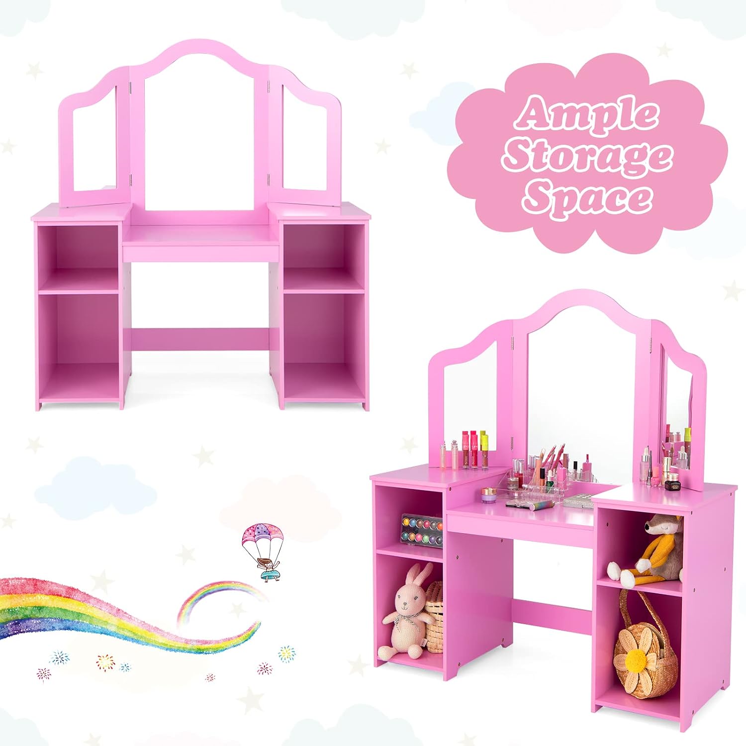 AKUSTIK Kids Vanity, 2 in 1 Pink Wooden Dressing Table and Chair Set for Toddlers with Tri-Folding Detachable Mirror, Storage Shelves, Pretend Princess Beauty Make Up Play Set for Little Girls