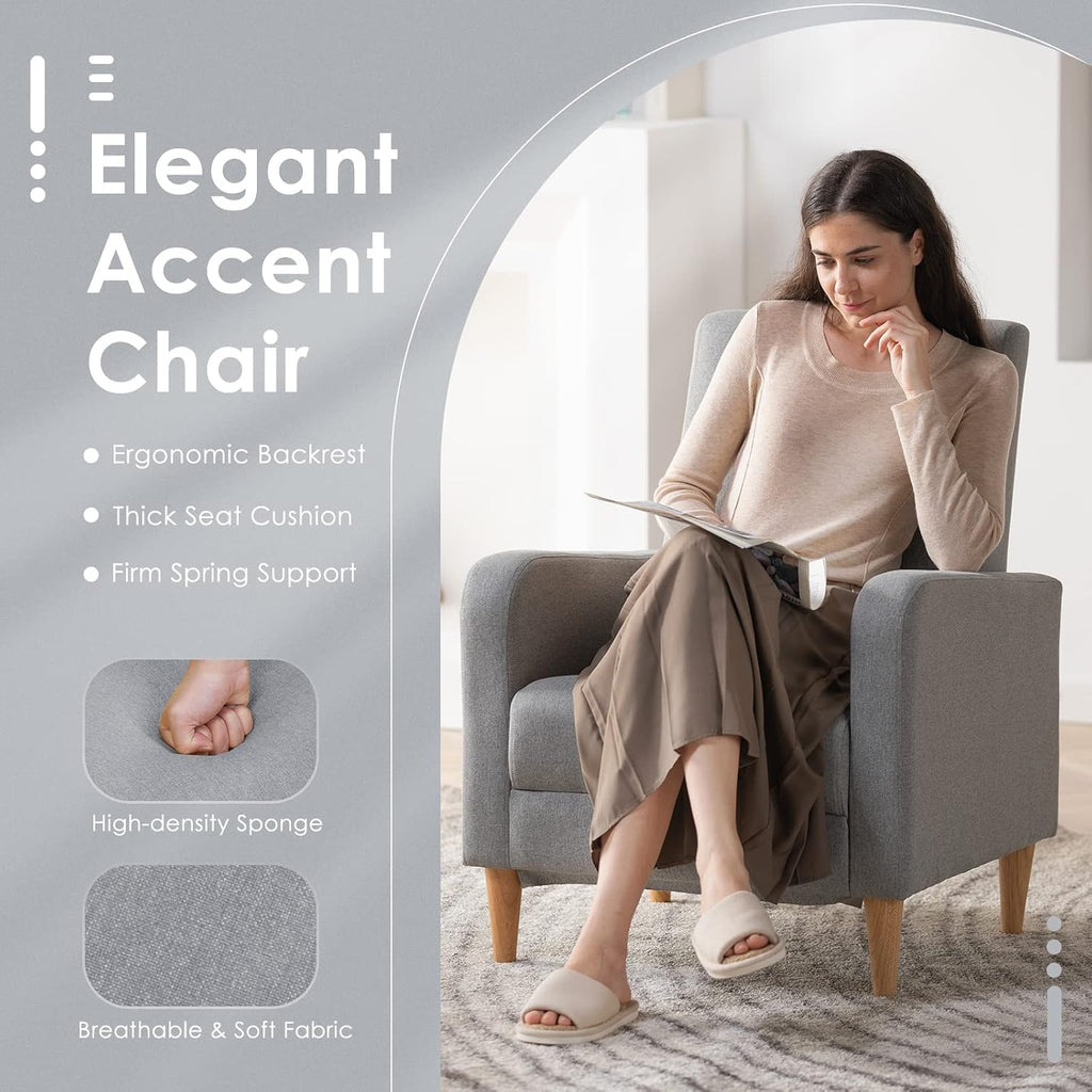 COLAMY Modern Accent Living Room Chairs Set of 2, Upholstered Fabric Armchair Reading Side Chair, Single Sofa with Back Pillow, Light Grey