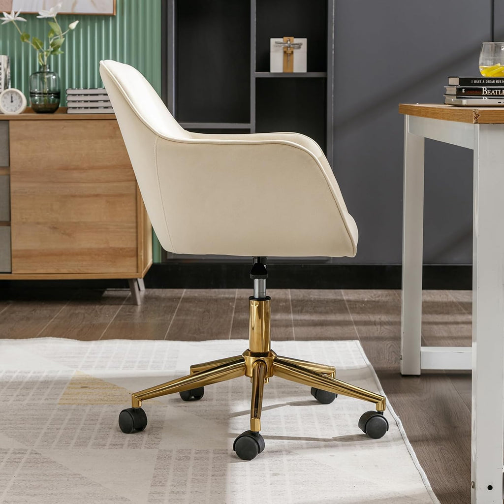 Modern Velvet, Height Adjustable, 360° Swivel Office Chair, Upholstered Cosmetic Dresser Armchair with Metal Feet and Backrest, Bedroom Furniture Beige