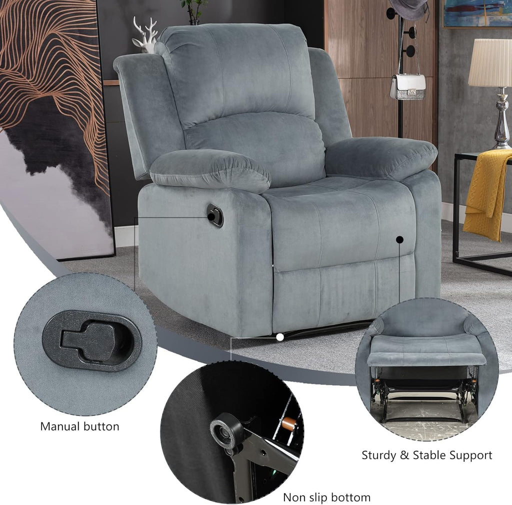 CANMOV Manual Recliner Chair Set of 2, Soft Fabric Overstuffed Recliner Single Sofa Chair for Living Room, Heavy Duty and Safety Reclining Mechanism (Grey)