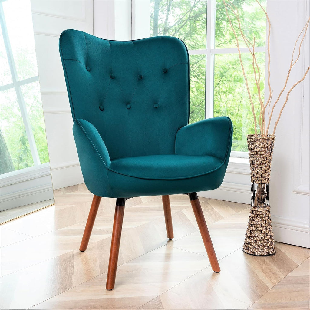 Container Furniture Direct Chic Accent Arm Chairs for Living Room, Bedroom, or Home Office, Button-Tufted Midcentury Armchair with Wingback Design and Splayed Legs, Greynish Blue