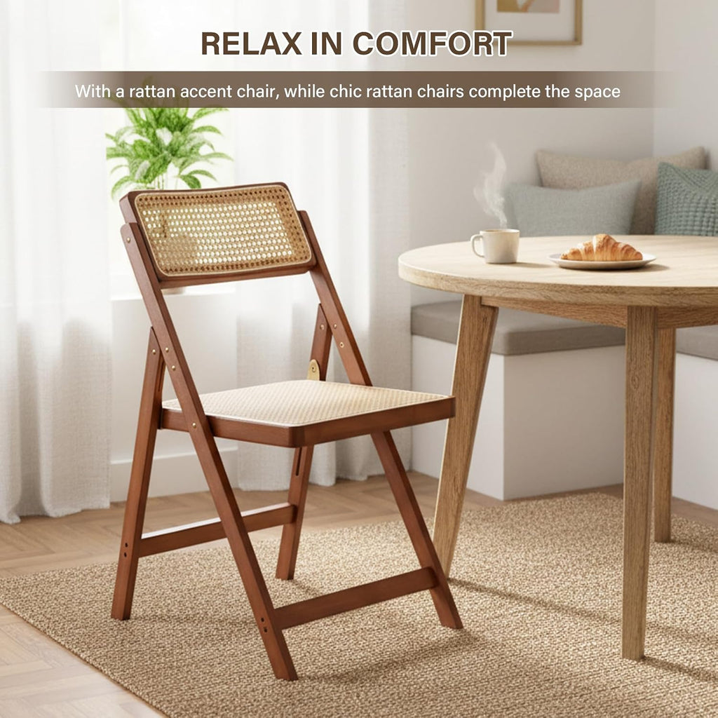 Furlide Rattan Folding Chairs, Modern Mid Century Dining Chairs Set of 2, Outdoor Bamboo Chairs for Bedroom Living Room Reading Room Dining Kitchen, Walnut