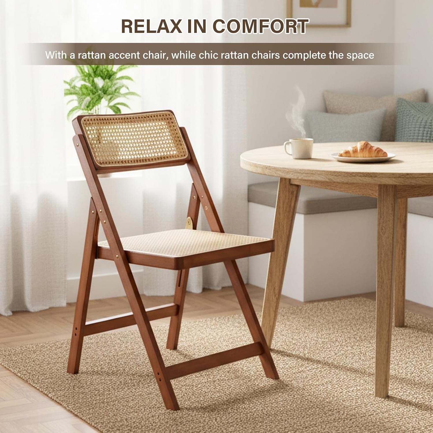 Furlide Rattan Folding Chairs, Modern Mid Century Dining Chairs Set of 2, Outdoor Bamboo Chairs for Bedroom Living Room Reading Room Dining Kitchen, Walnut