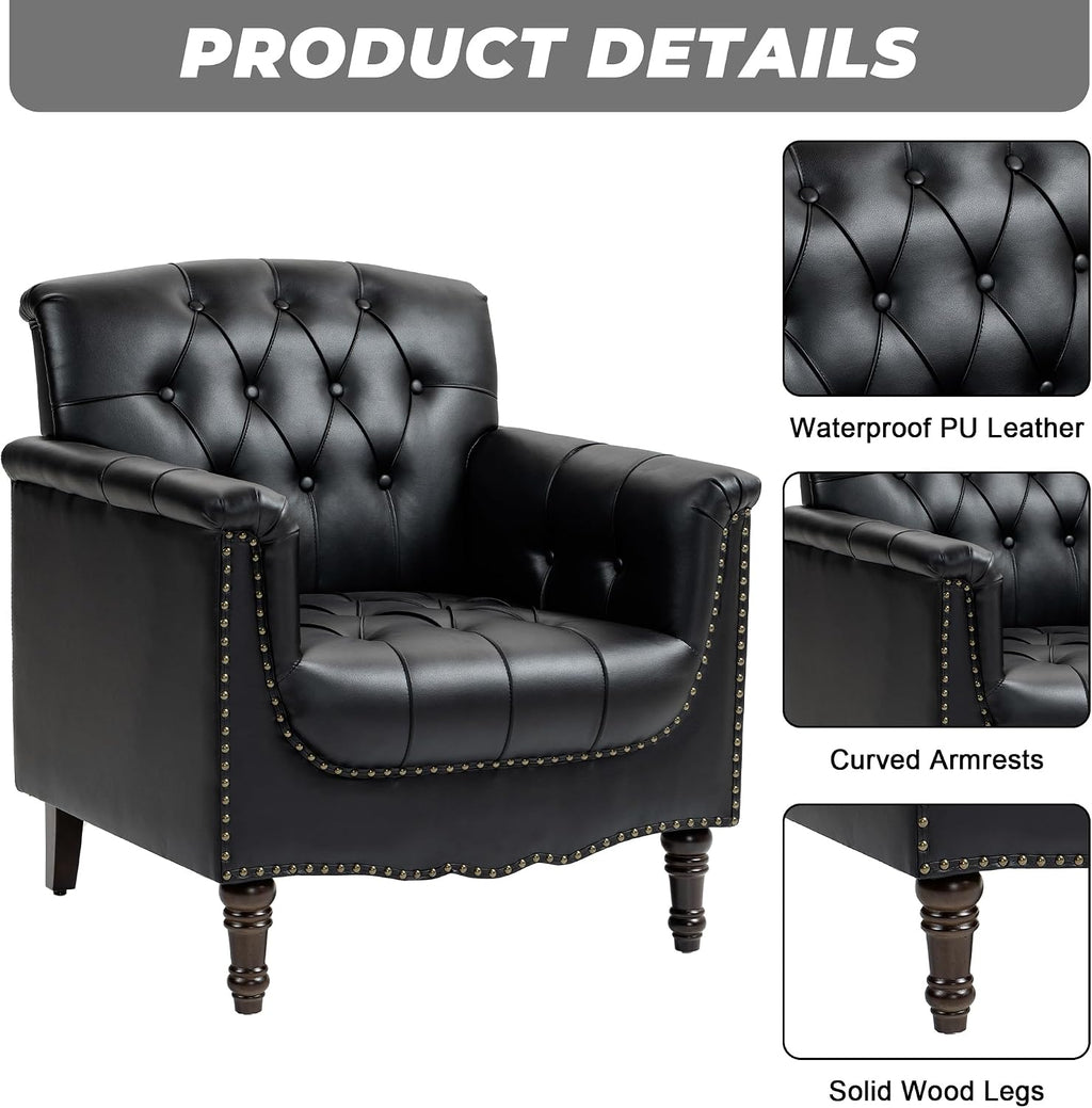 Lumibee Faux Leather Armchairs, Contemporary Accent Chairs Set of 2 with Nailhead Trims & Wood Legs for Living Room, Upholstered Comfy Arm Chairs for Office,Bedroom-Black