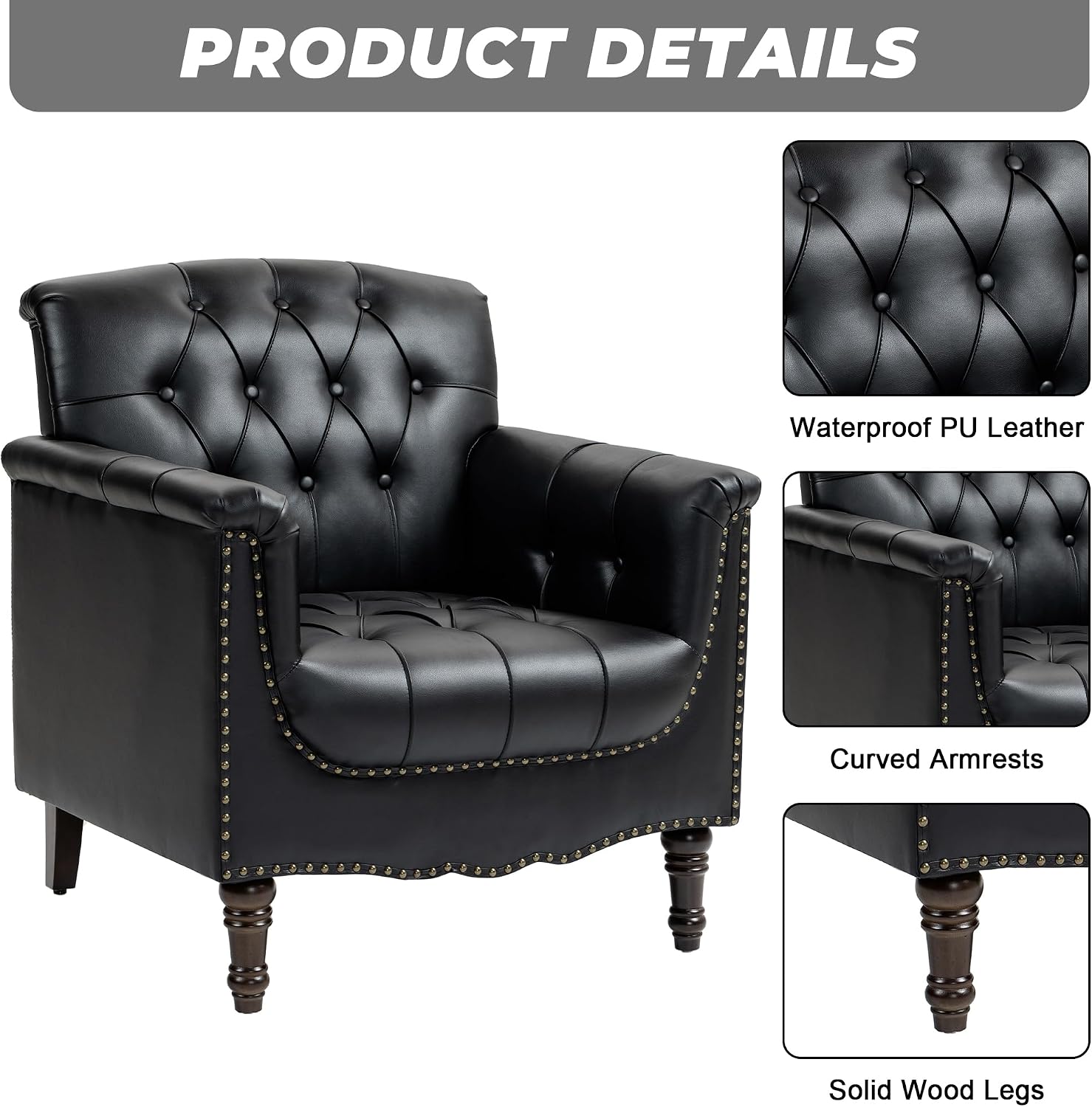 Lumibee Faux Leather Armchairs, Contemporary Accent Chairs Set of 2 with Nailhead Trims & Wood Legs for Living Room, Upholstered Comfy Arm Chairs for Office,Bedroom-Black
