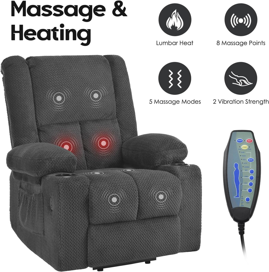 Small-Size Lift Chair for Elderly, Recliner Chair with Massage & Heat, Electric Lift Recliner Chair for Living Room with Side Pocket, USB & Type-C Charge Port, Grey