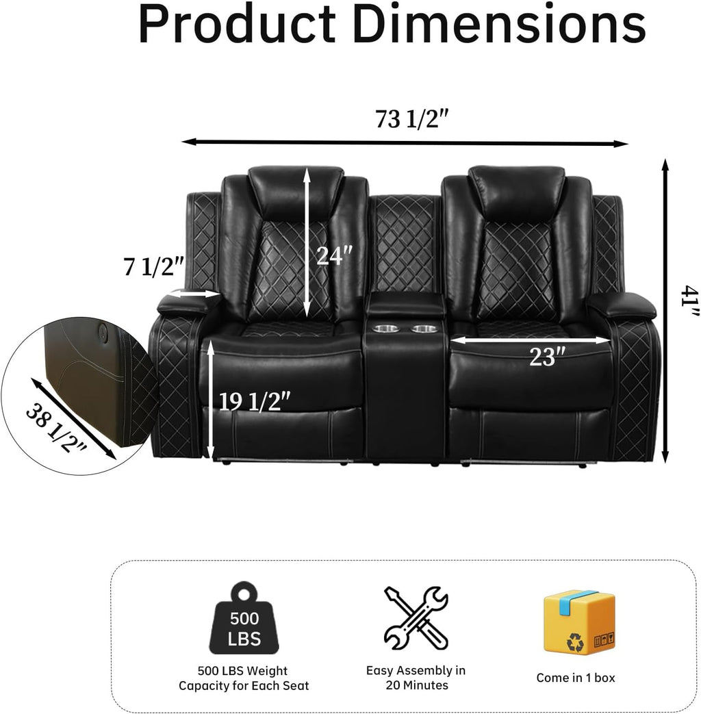 Living Room Furniture Sets, Power Recliner Sectional Sofa with LED Lights, Leather Couch Set, Reclining Loveseat for Living Room, Home Theater,and Office (2-Seater Loveseat, Black)