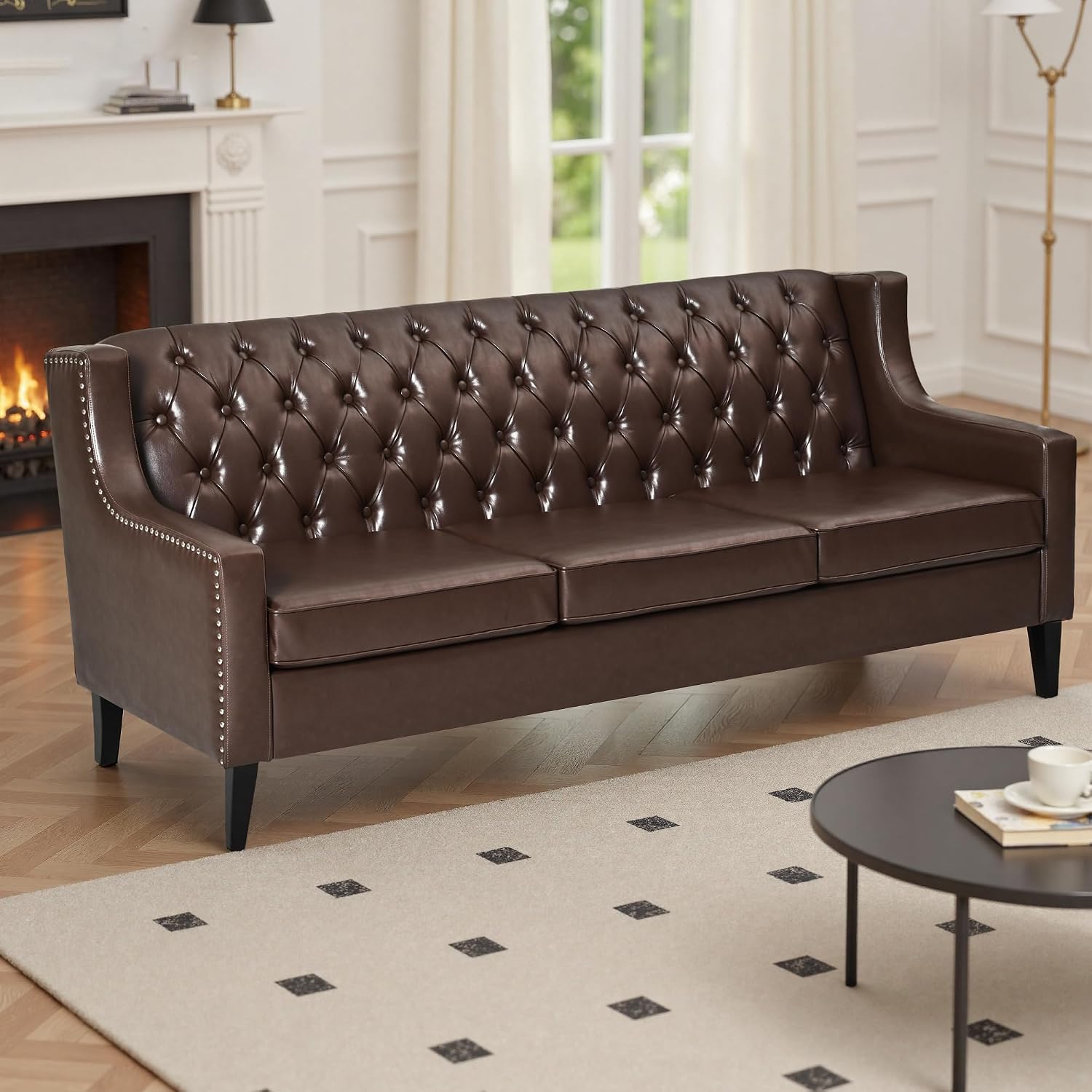 GDFStudio 78.75' 3-Seater Sofa, Button Tufted Backrest Big Comfy Couch with Cushions, Mid Century Modern Couches Home Living Room Sofa, Upholstered Sofas & Couches for Apartment Bedroom, Dark Brown
