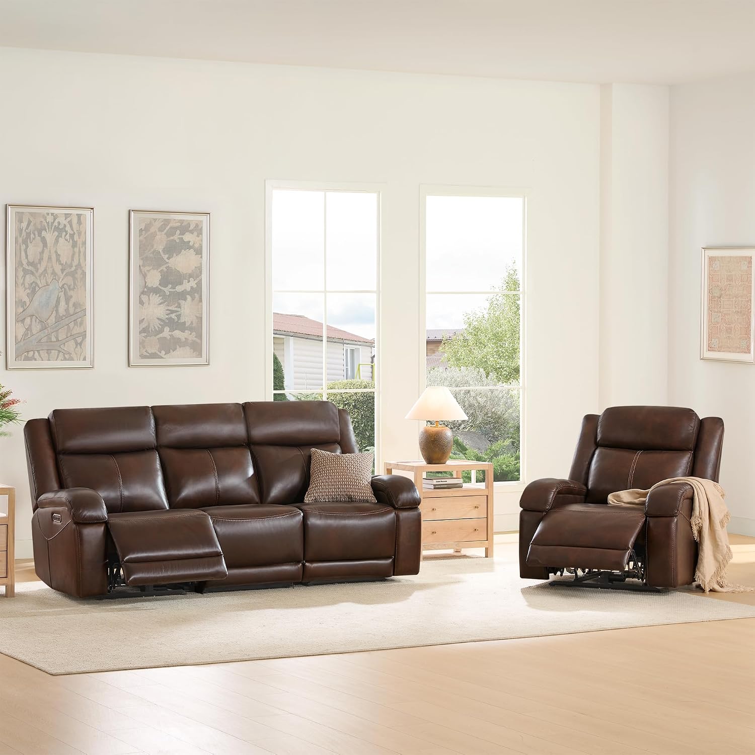 Watson & Whitely Genuine Leather Power Recliner Sofa, 3 Seater Wall Hugger Reclining Sofas with Power Headrest, USB & TypeC Ports, Electric Recliner Couch Set for Living Room, Dark Brown