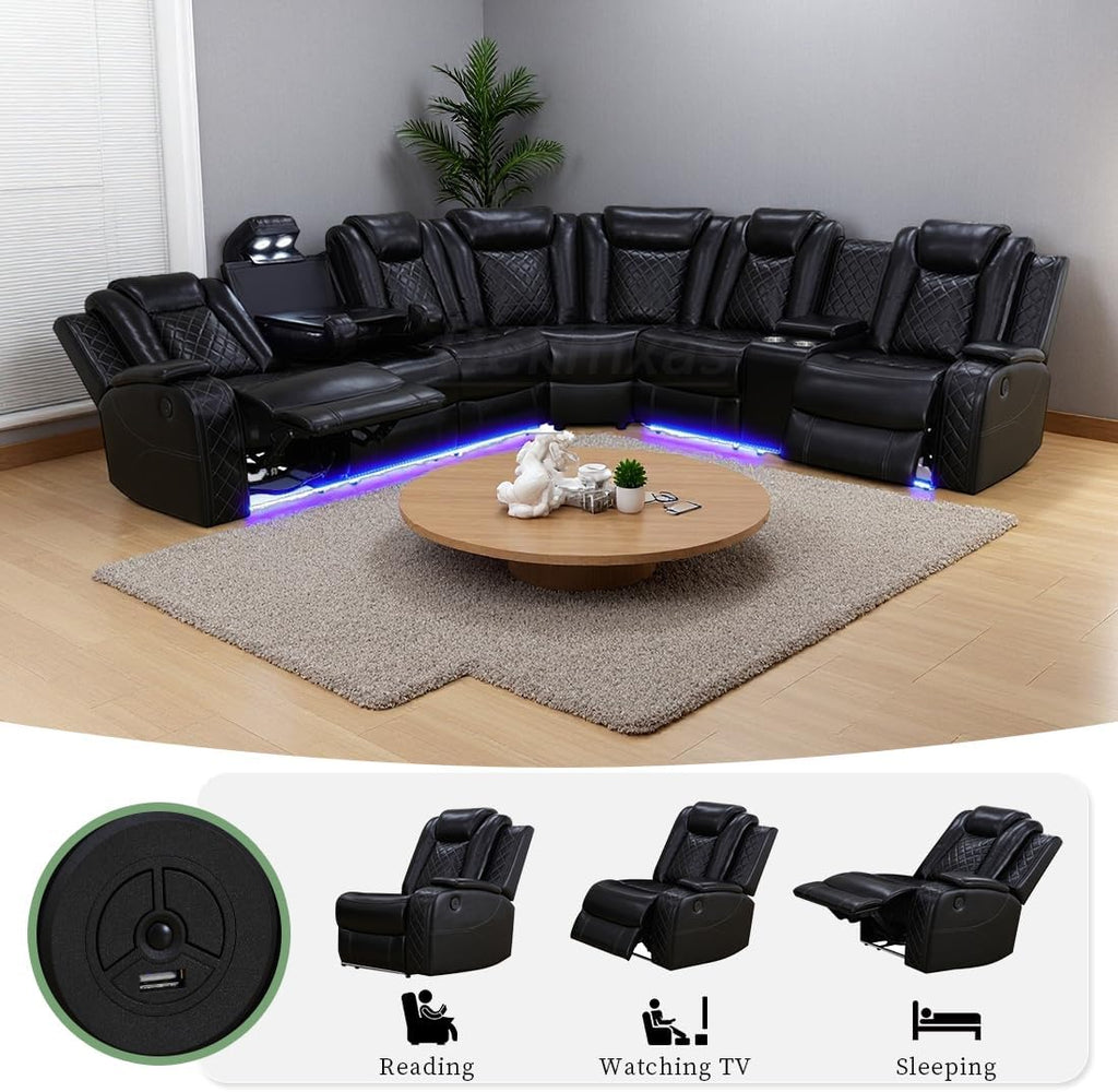 Power Recliner Sofa with Drop-Down Table Cup Holder, Living Room Furniture Sets, Beige Breathing Leather Power Reclining Sofa Set with 5 Recliner Seats,Storage Console for Living Room