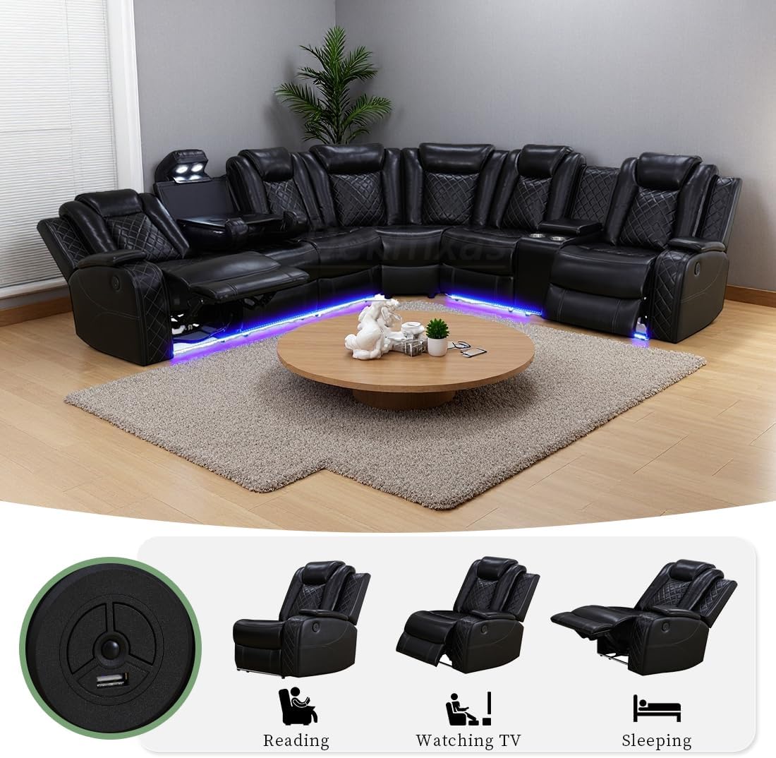 Power Recliner Sofa with Drop-Down Table Cup Holder, Living Room Furniture Sets, Beige Breathing Leather Power Reclining Sofa Set with 5 Recliner Seats,Storage Console for Living Room