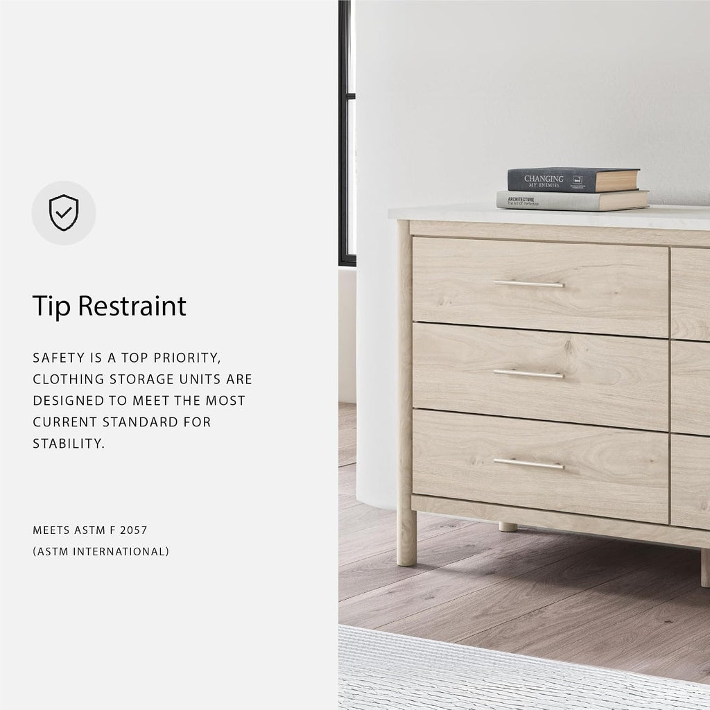 Signature Design by Ashley Cadmori Casual Bohemian Dresser with Post Legs and 6 Drawers, Replicated Marble Top, Wood, 35' High, White and Light Brown Finish