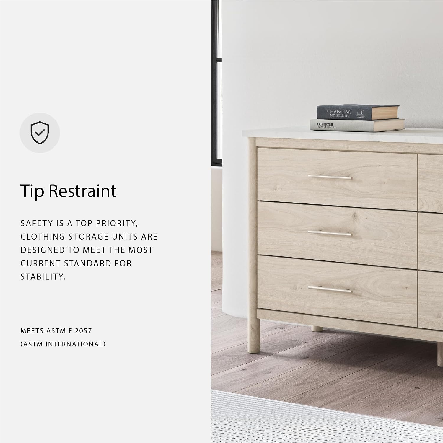 Signature Design by Ashley Cadmori Casual Bohemian Dresser with Post Legs and 6 Drawers, Replicated Marble Top, Wood, 35' High, White and Light Brown Finish
