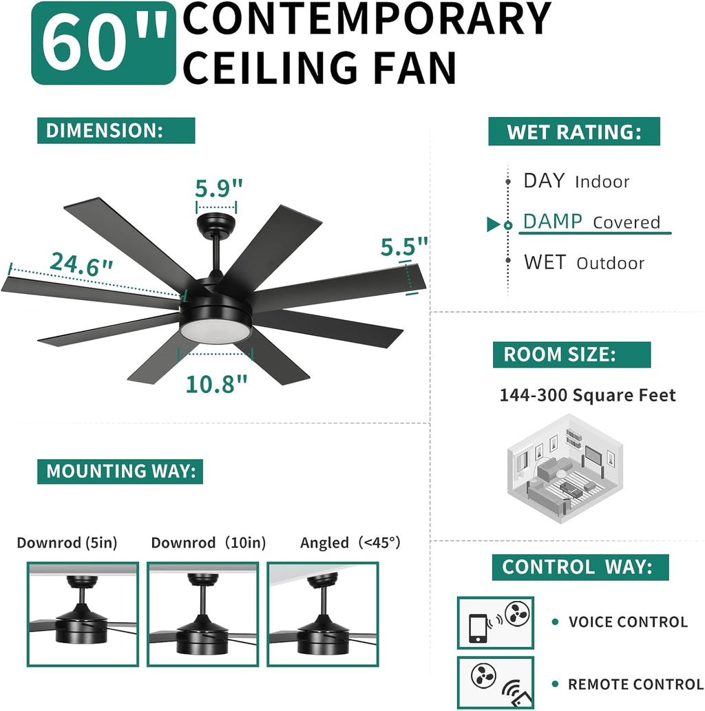 YITAHOME 60 Inch Black Ceiling Fan with Lights and Remote,8 Blades,App Control, Modern Smart Ceiling Fan Compatible with Alexa for Indoor, Reversible Quiet Motor, Memory Function