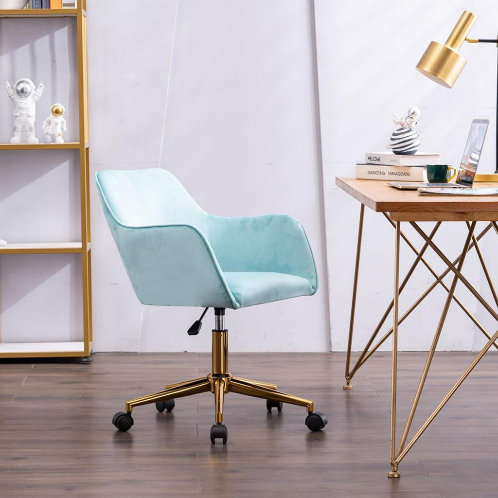 Modern Velvet, Height Adjustable, 360° Swivel Office Chair, Upholstered Cosmetic Dresser Armchair with Metal Feet and Backrest, Bedroom Furniture Light Blue