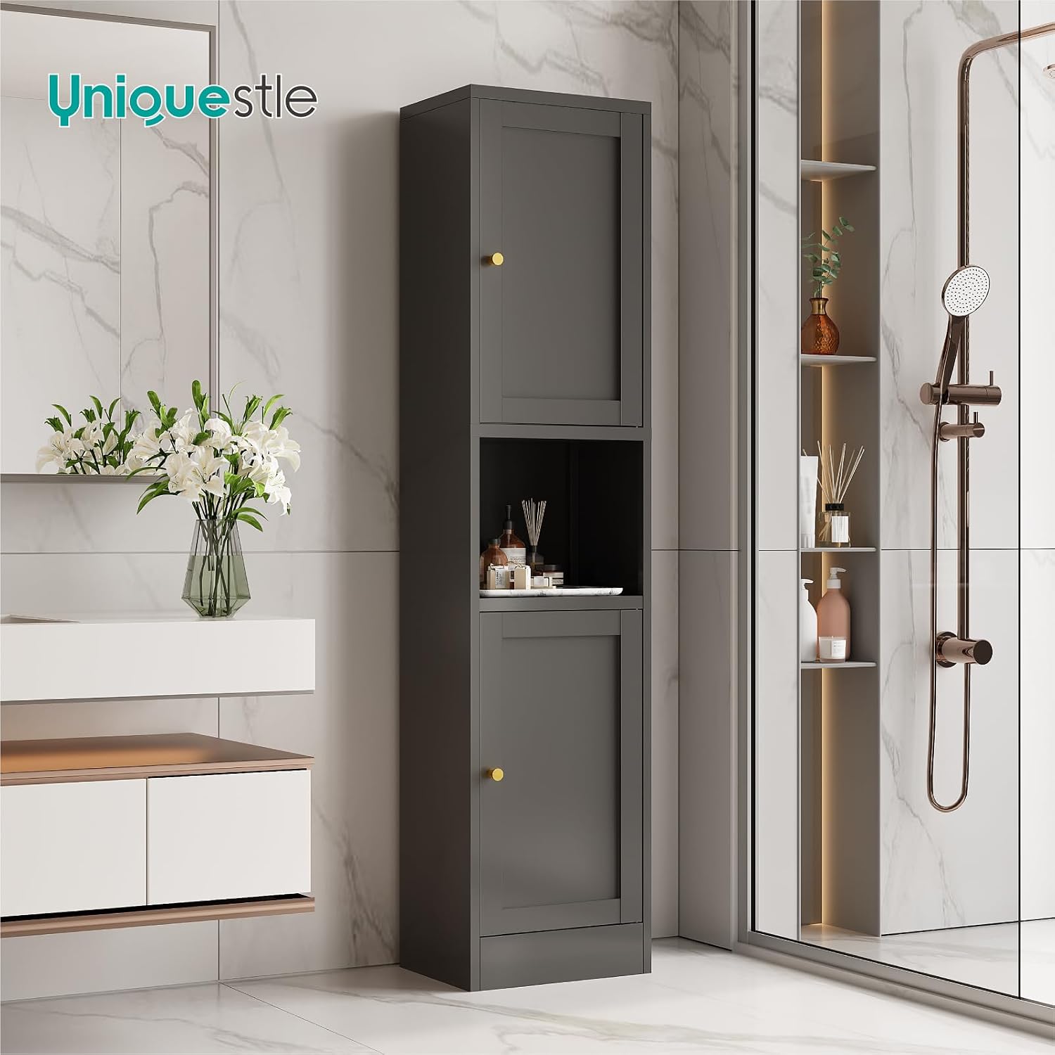 67' Tall Narrow Storage Cabinet with Doors and Open Shelf,Metal Pantry Cabinet,Shaker Style Slim Cabinet with Adjustable Shelves,for Bathroom Kitchen Laundry Small Spaces, Black, 1Pc